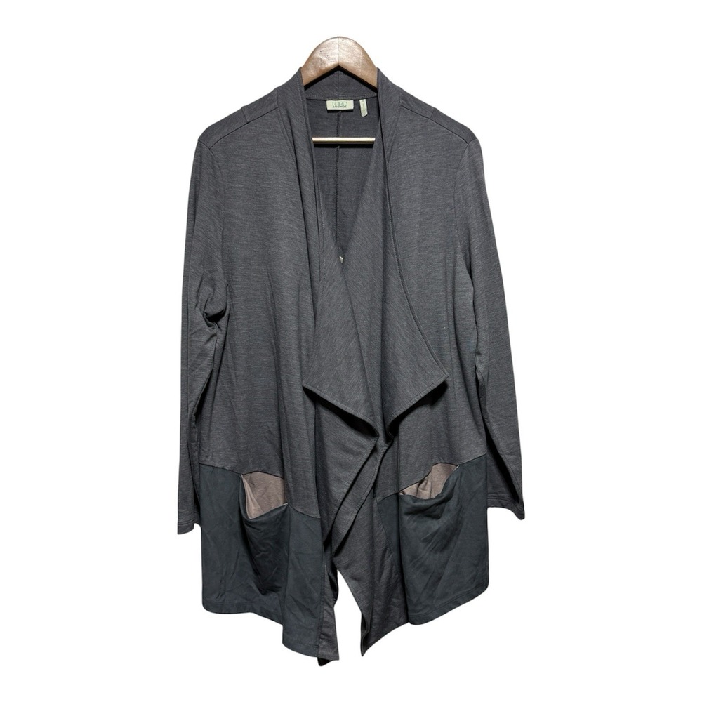 LOGO Lounge Lori Goldstein Cardigan Womens 1X Gray Mixed Material Pockets